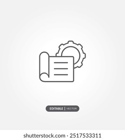 icono con un documento o plano y un engranaje, que posiblemente represente un concepto técnico o de ingeniería.