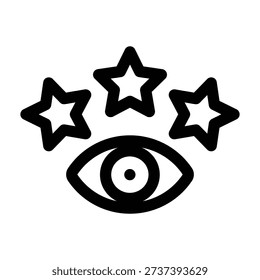 An icon featuring an eye looking up at three five-pointed stars, symbolizing watching ratings, vision, or attention to quality and detail.