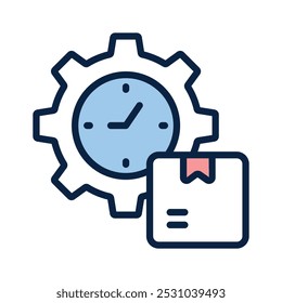 Icono con un engranaje con un reloj y un paquete, que representa la logística y la gestión del tiempo
