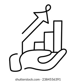 An icon featuring a hand holding an ascending bar chart, symbolizing growth, data visualization, and achieving success.