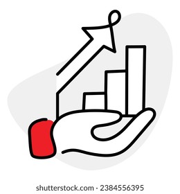 Un icono con una mano sosteniendo un gráfico de barras ascendente que simboliza el crecimiento, la visualización de datos y el logro del éxito.