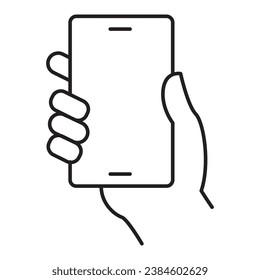 An icon featuring a hand holding a mobile device, symbolizing smartphone usage, handheld technology, and mobile communication.