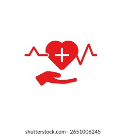 Icono con un corazón con línea de pulso y un símbolo de la mano, que representa el bienestar y la atención médica.
