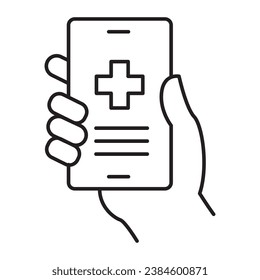 Un icono que muestra un teléfono móvil en una mano con un icono médico más en la pantalla, que simboliza una aplicación de información sobre salud, recursos médicos y acceso a servicios médicos.