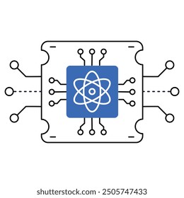 An icon featuring quantum computing with an atom symbol and circuit board, highlighting advancements in cryptography, AI acceleration, climate modeling, and drug discovery.