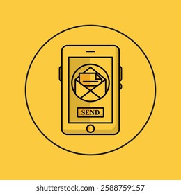 icon featuring a smartphone with an envelope and paper inside, indicating 'send information'. the word 'send' is displayed below the envelope. set against a yellow background for clear visibility.