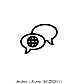 Icon featuring speech bubbles with a globe inside, symbolizing global communication and discussion, perfect for illustrating international concepts.