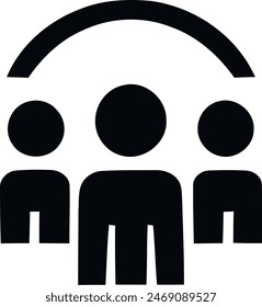 An icon featuring three silhouettes of people with a large speaker between them, representing sound or communication.