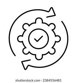 An icon featuring two circular arrows surrounding a gear with a tick mark in the middle, symbolizing rotation verification and operational checks.