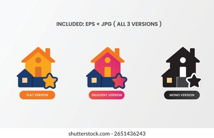 Icon featuring two houses with a star symbol, representing dream home, best choice, or top-listed property. Includes mono, flat, and gradient variations for realty designs.