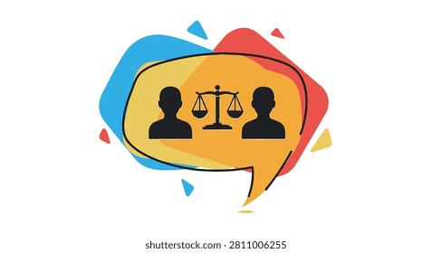An icon featuring two human silhouettes facing each other with a balance scale symbol between them inside a speech bubble