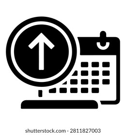 Icon featuring an upward arrow, calendar, and clock representing scheduling, planning, and time management concepts.