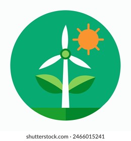 An icon featuring a wind turbine and a sun enclosed in a green circle