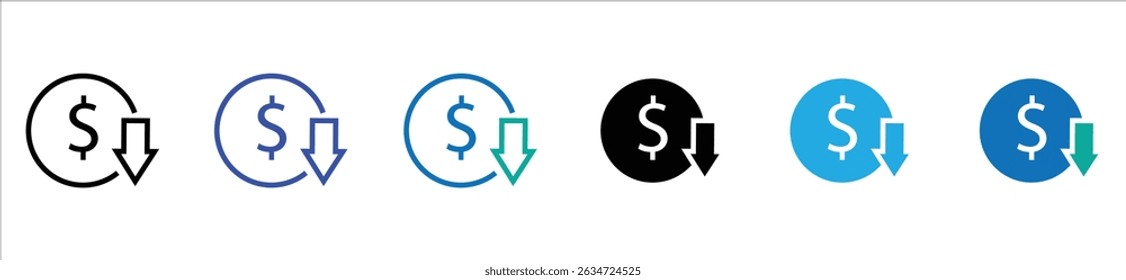 icon, fee, cost, low, reduction, reduce, arrow down, dollar, price, lower, abstract background, vector, business design, isolated, money, illustration, concept, white, finance, web, signs, flat, inves