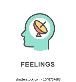 Icon feelings. The human brain as an antenna picks up signals from the outside world that cause emotional distress. The thin contour lines with color fills.