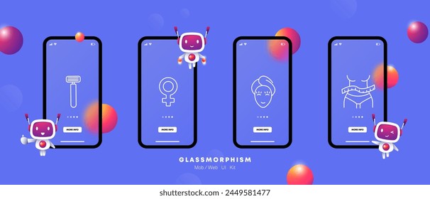 Icon of female beauty. Ruler, female silhouette, girl icon, razor, beauty, towel, self care, shapes, diet, weight loss, eyelashes, face, gradient. Glasmorphism style.