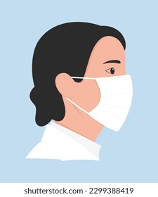 Icon of a female doctor or nurse in white coat. Doctor in a mask. Clinic nurse icon. Flat vector illustration isolated on blue background.