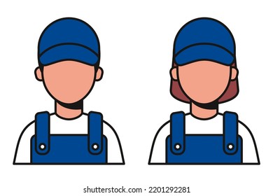 An icon of a female and male repairman. Avatar of mechanic workers in blue uniform and cap.