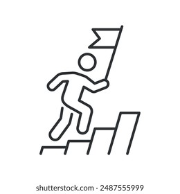 Icon of a figure climbing stairs with a flag, representing personal achievement and goal setting. Vector illustration.