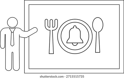 La figura del icono apunta a un símbolo de comedor enmarcado con una placa de cuchara de tenedor que alberga una campana