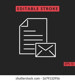 Icon file document and envelope mail line, outline vector sign, linear style pictogram isolated on black. Sign or symbol, Editable Stroke.