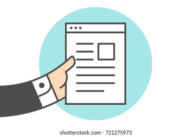 Icon of file letter in the businessman hand. White file letter with text in line graphic. Hand of busnessman holds the file icon. Icon of letter isolated on a blue circle. Vector Illustration