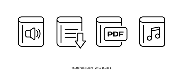 Icon file set. Sound, arrow, pdf, music icons. Linear style. Vector icons