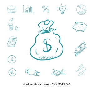 Icon finance set - money bag. Business icons with biggy bank, calculator, charts. Exchange dollars and euros, businessman handshake, idea bulb, arrows