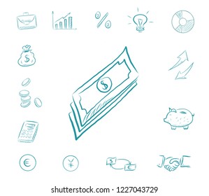 Icon finance set - stack of money. Business icons with biggy bank, calculator, charts. Exchange dollars and euros, businessman handshake, idea bulb, arrows