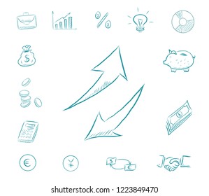 Icon financial set - arrows up and down. Business icons with money, calculator, charts. Exchange dollars and euros, businessman handshake, idea bulb
