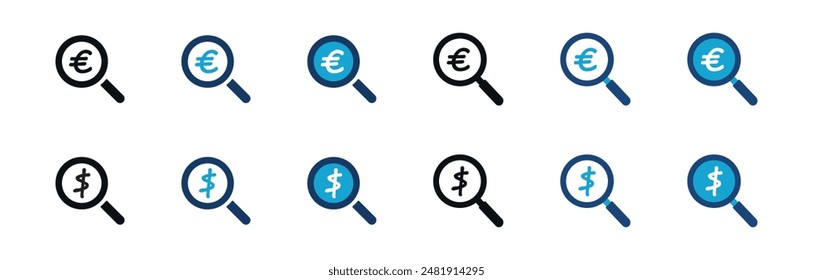 Icon find dollar and euro. Magnify dollars. Simple lens money symbol. Isolated graphic set icon search cash in vector design