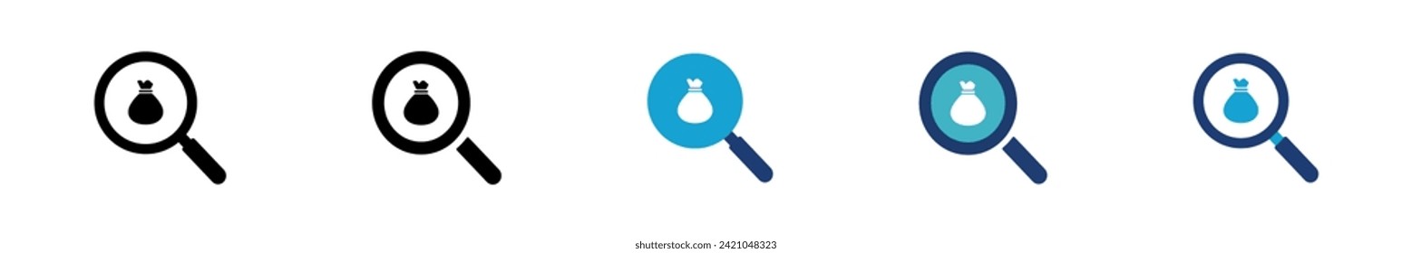 Icon find gift. Simple lens prize symbol. Isolated graphic illustration search surprise. Money bag seek set icon in vector design style