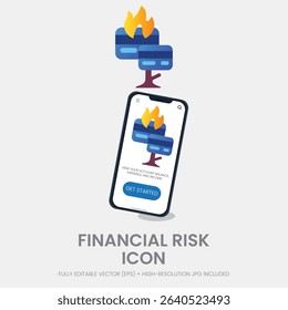 Icon of fire and database symbolizing data loss, financial risk, and alert. Best for cybersecurity or finance risk visuals.