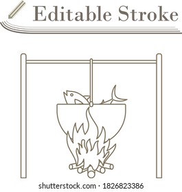 Icon Of Fire And Fishing Pot. Editable Stroke Simple Design. Vector Illustration.