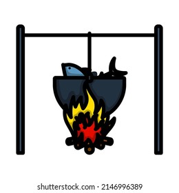 Icon Of Fire And Fishing Pot. Editable Bold Outline With Color Fill Design. Vector Illustration.