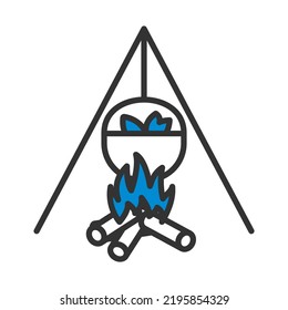 Icon Of Fire And Fishing Pot. Editable Bold Outline With Color Fill Design. Vector Illustration.