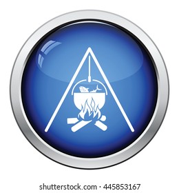 Icon of fire and fishing pot. Glossy button design. Vector illustration.