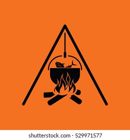 Icon of fire and fishing pot. Orange background with black. Vector illustration.