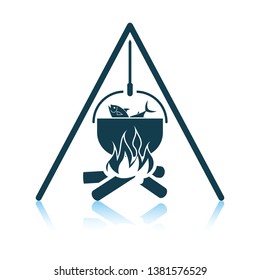 Icon of fire and fishing pot. Shadow reflection design. Vector illustration.