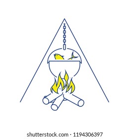 Icon of fire and fishing pot. Thin line design. Vector illustration.