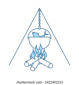 Icono De Fuego Y Cacerolada. Línea Delgada Con Diseño De Relleno Azul. Ilustración vectorial.