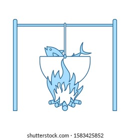 Icon Of Fire And Fishing Pot. Thin Line With Blue Fill Design. Vector Illustration.