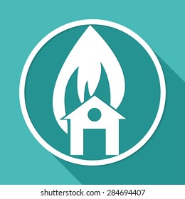 Icon fire warning on white circle with a long shadow