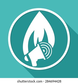Icon fire warning on white circle with a long shadow