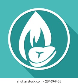 Icon fire warning on white circle with a long shadow