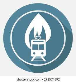 Icon fire warning on white circle with a long shadow