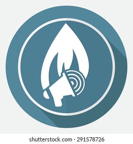 Icon fire warning on white circle with a long shadow