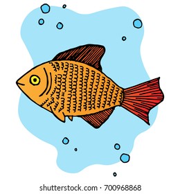 Icon of a fish. Doodle Fish in the sea with air bubbles. vector illustration.