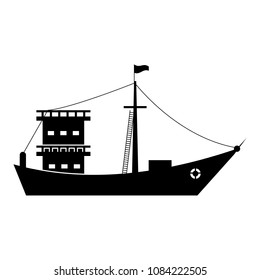 Icon of a fishing boat. illustration of a boat with accessories of poles, ropes, flags, stairs Perfect Black pictogram illustration on white background. - Vector
