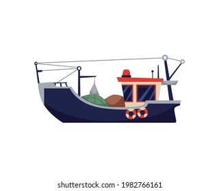 Icon Of Fishing Boat, Vessel With Equipment For Fishery At Sea Or Ocean, Fisher Trawler For Commercial Fish Catch. Flat Cartoon Vector Illustration Isolated On A White.